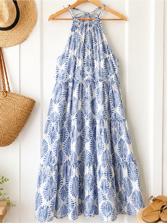 Joie Dresses & Skirts - Joie Blue White Linen Blend Halter Midi Dress Tiered Large Resort Beach